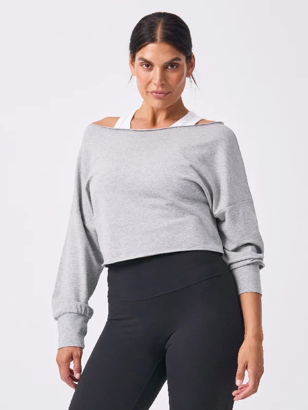 Wide Shoulder Raw Edge Sweat  - Melange Grey