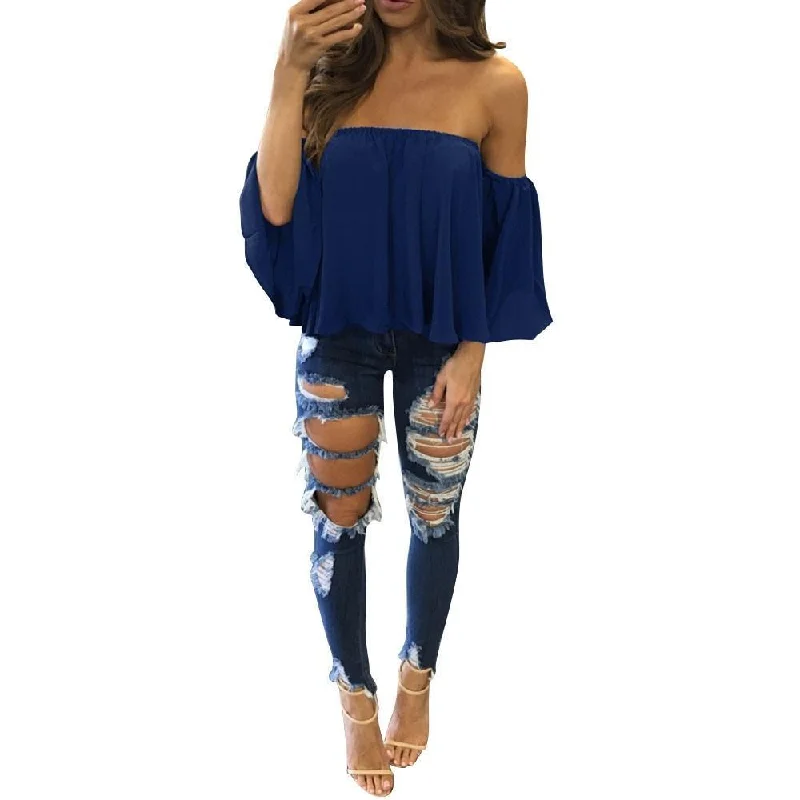 Solid Color Off Shoulder Casual Blouse